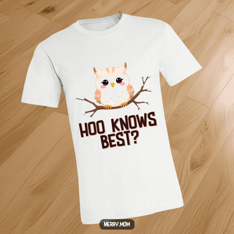 Funny Snowy Owl t-shirt showing a happy owl perched on a snowy branch, a delightful winter bird design.