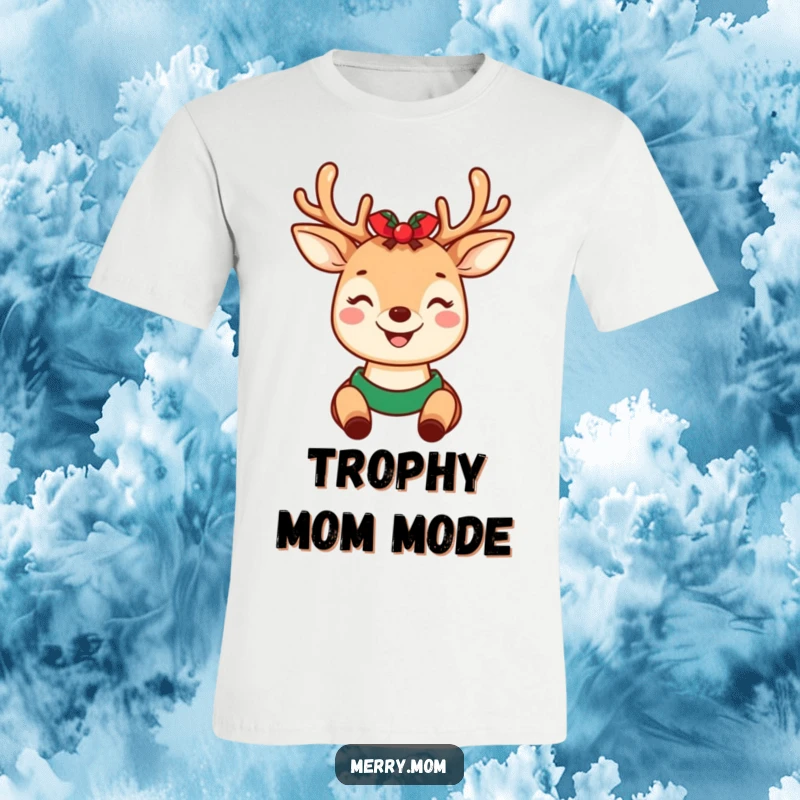 Funny graphic t-shirt of a smiling kawaii deer mom wearing festive holiday antlers, ready for Christmas celebrations.