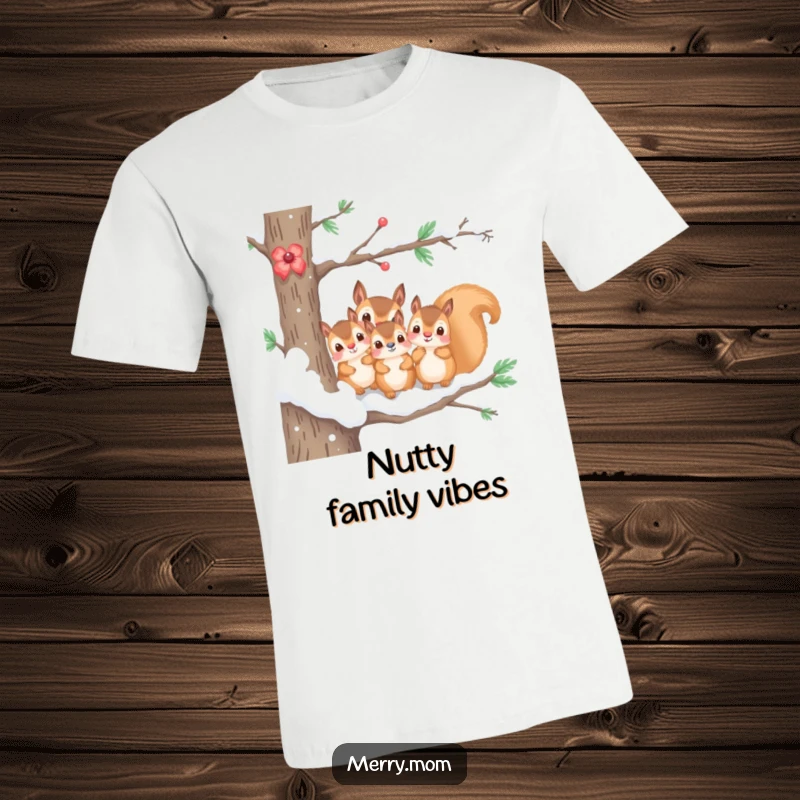 Funny graphic t-shirt with a kawaii squirrel family peeking from a snow-covered branch, embodying winter cuteness.