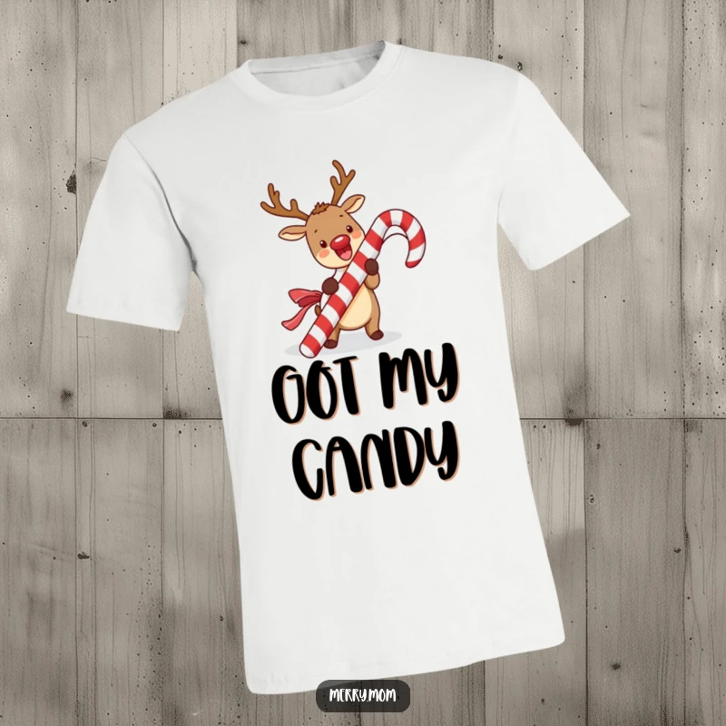 Funny kawaii reindeer t-shirt with a cute reindeer excitedly unwrapping a giant candy cane, embodying holiday joy and sweetness.