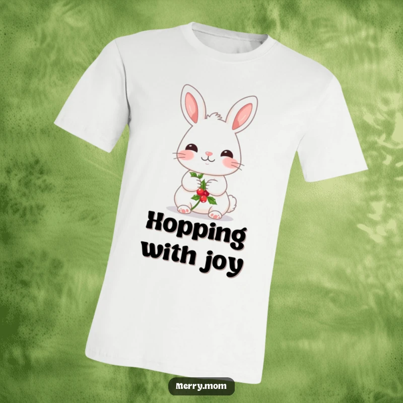 Funny T-shirt featuring a kawaii bunny with rosy cheeks, holding a sprig of holly, radiating holiday sweetness.