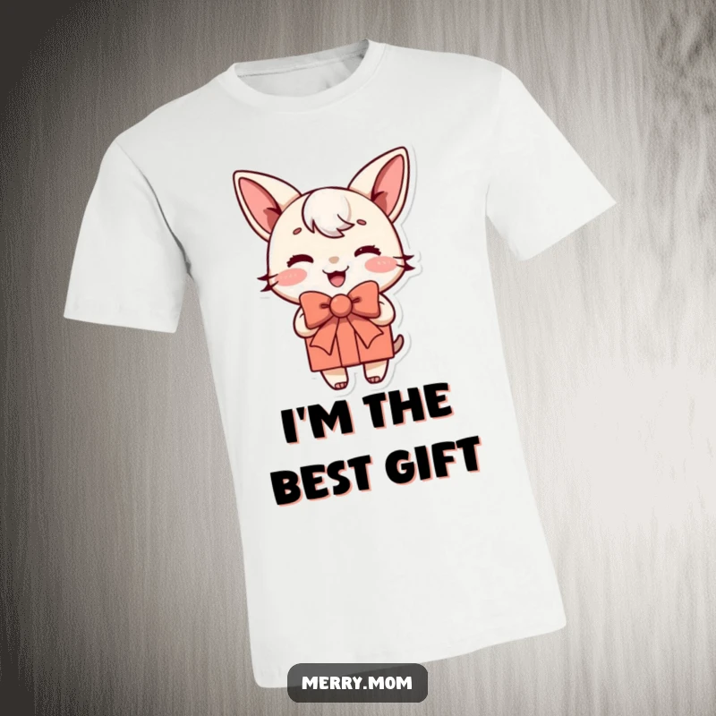 Funny t-shirt featuring a joyful present character with a jauntily tied bow, symbolizing excitement and celebratory fun.