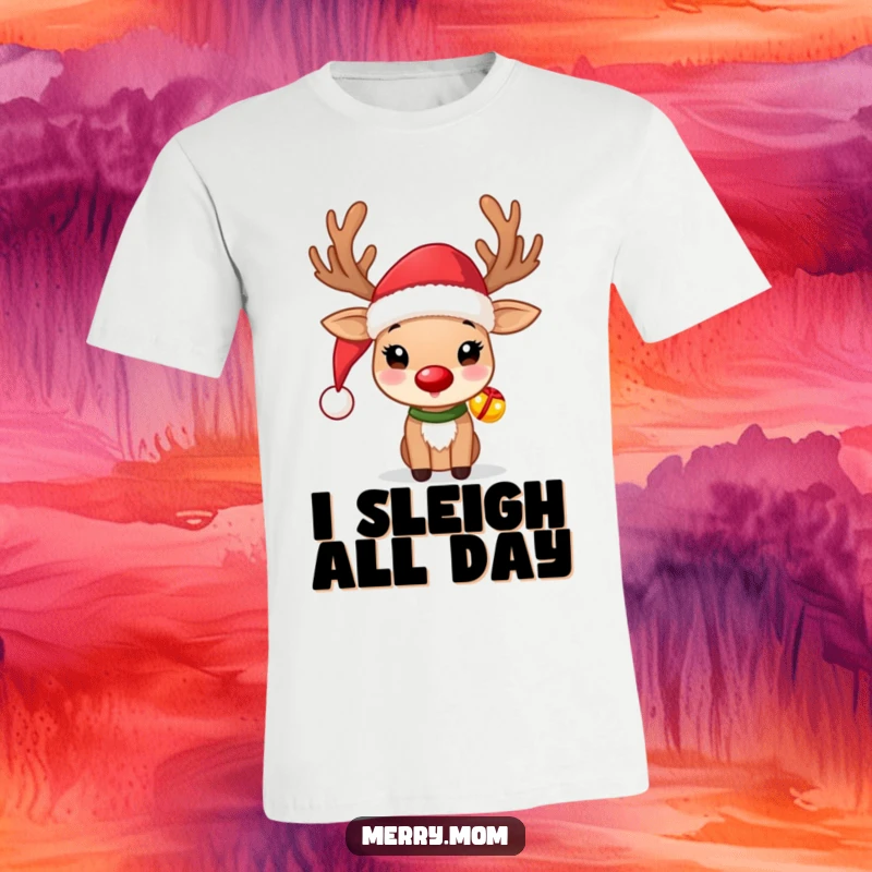 Funny Reindeer T-Shirt with a cute reindeer sporting a Santa hat and jingle bells, ideal for Christmas fun.