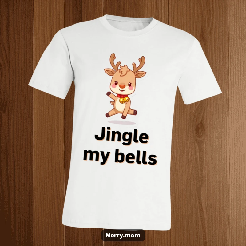 Funny t-shirt graphic of a charming reindeer with rosy cheeks, prancing energetically while adorned with festive bells, radiating pure holiday joy.