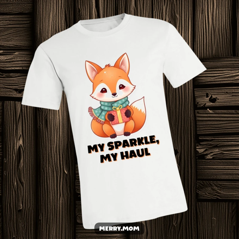 Funny festive fox wearing a sparkly scarf and holding a gift box, dressed for holiday celebrations, hilarious t-shirt gift.