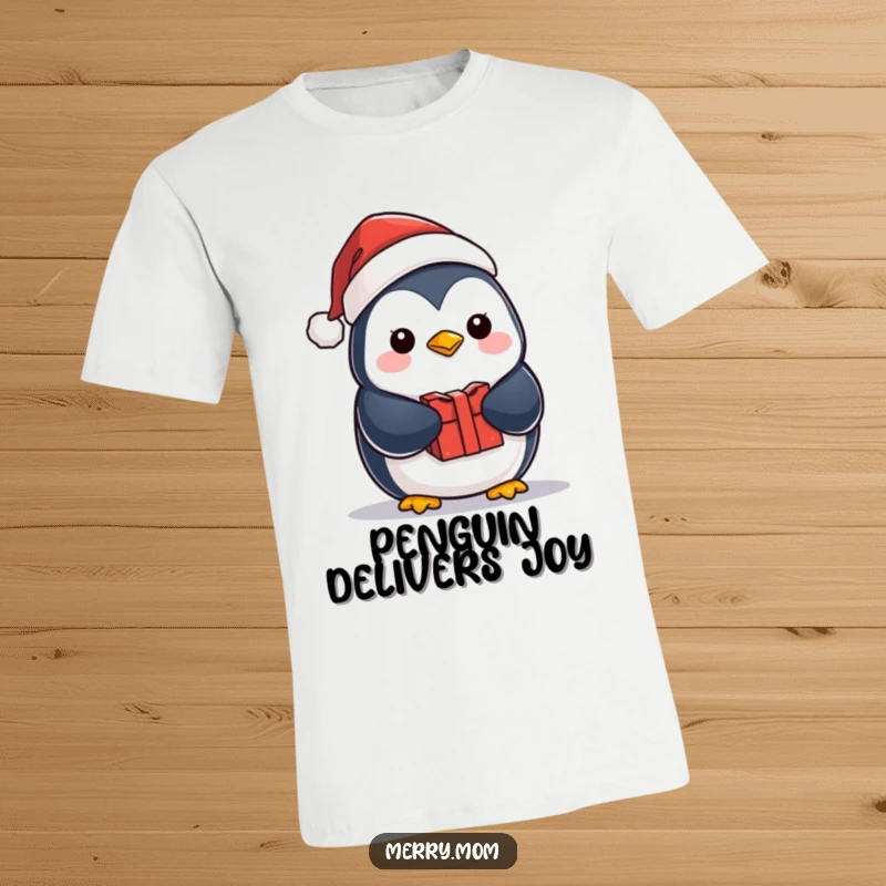 A funny kawaii penguin sporting a Santa hat, holding a gift, ready to spread holiday cheer on a cute t-shirt.