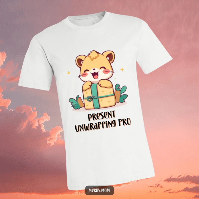 Happy Animal Gift T-Shirt, depicting a joyful animal eagerly unwrapping a gift with visible excitement and happiness.