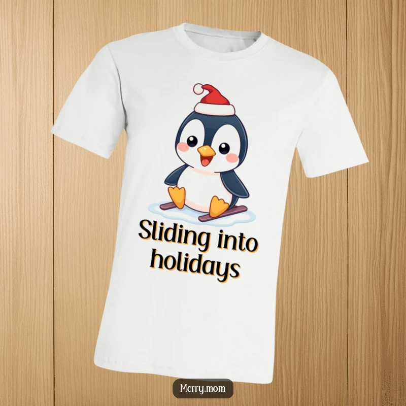 Funny t-shirt featuring a happy penguin in a Santa hat sliding on ice, capturing winter's playful spirit.