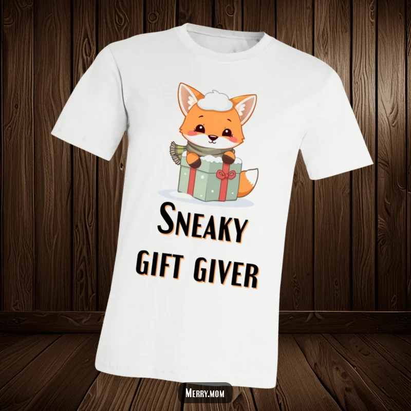 Funny t-shirt featuring a playful fox in a scarf, peeking from behind a snow-covered present, winter themed.