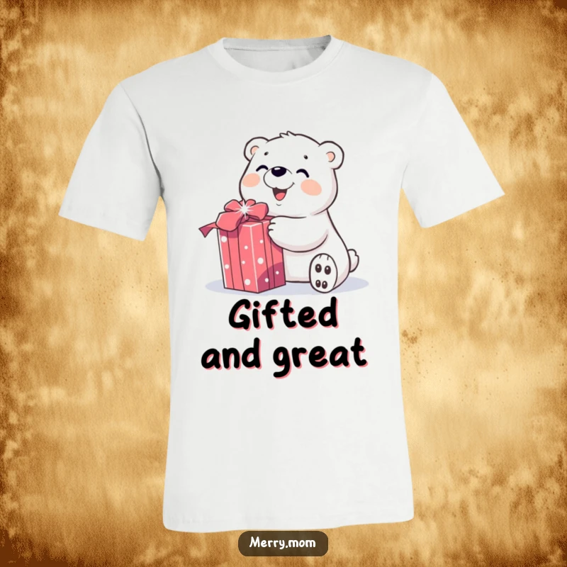 Funny t-shirt graphic of a happy polar bear character joyfully unwrapping a shimmering gift, capturing a moment of pure festive delight.