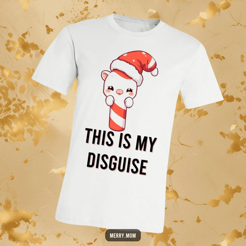 Funny Christmas t-shirt featuring a cute creature in a Santa hat peeking playfully from behind a large, festive candy cane.