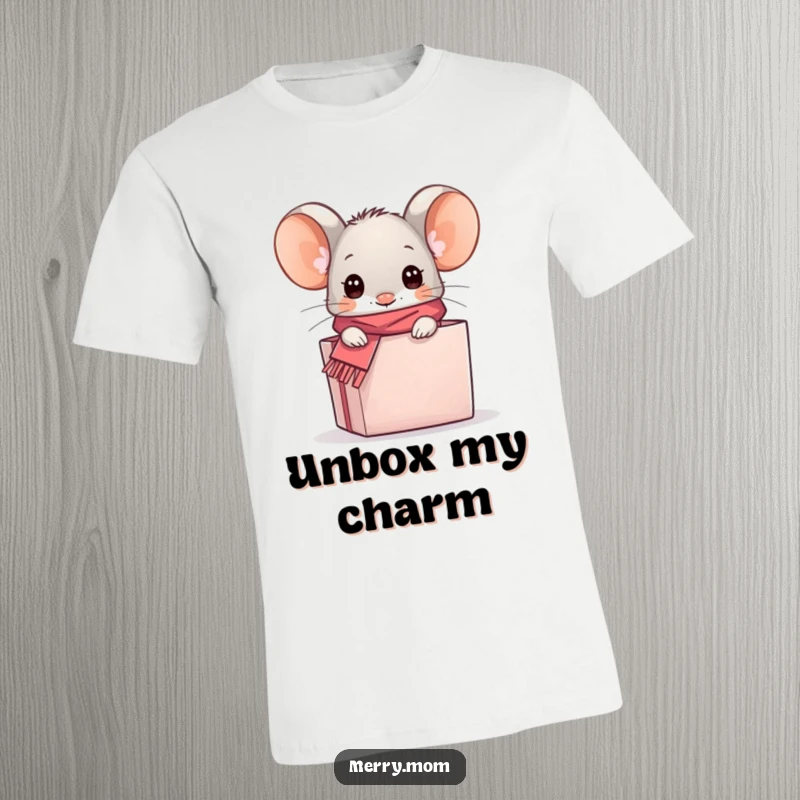 Funny kawaii mouse in a tiny scarf, peeking out of a gift box, printed on a t-shirt, a cute and humorous design.