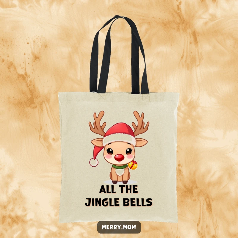Funny Reindeer Tote Bag depicting a cute reindeer wearing a Santa hat and jingle bells, stylish and festive.