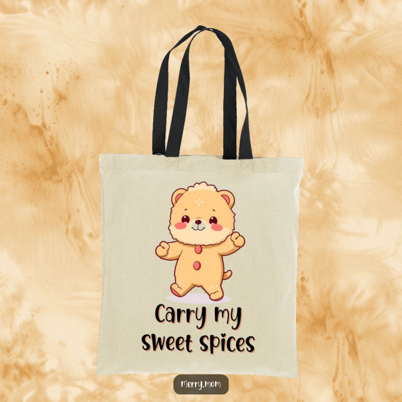 Funny tote bag showcasing a fluffy animal in a gingerbread costume doing a jig, a unique holiday accessory.