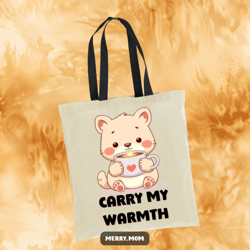 Cozy Animal Cocoa Tote Bag, showing a cute animal with a steaming cup of cocoa, emitting a warm, friendly glow.