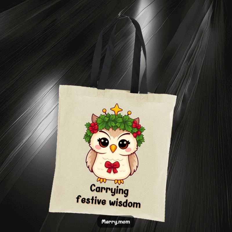 Funny tote bag showcasing a whimsical owl with a Christmas wreath serving as its crown, perfect for holiday use.