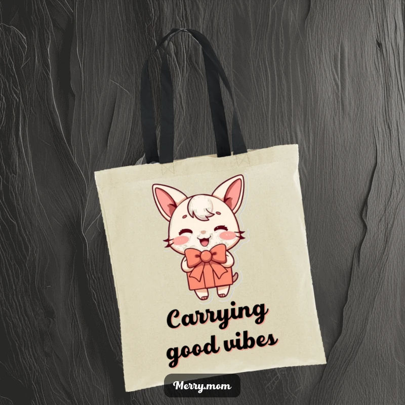 Funny tote bag featuring a joyful present character with a jauntily tied bow, ideal for shopping and carrying essentials.