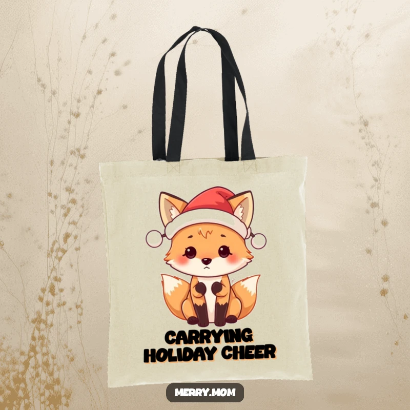 Funny Santa Fox tote bag with a cute fox in a tiny Santa hat, looking forward with joyful anticipation.