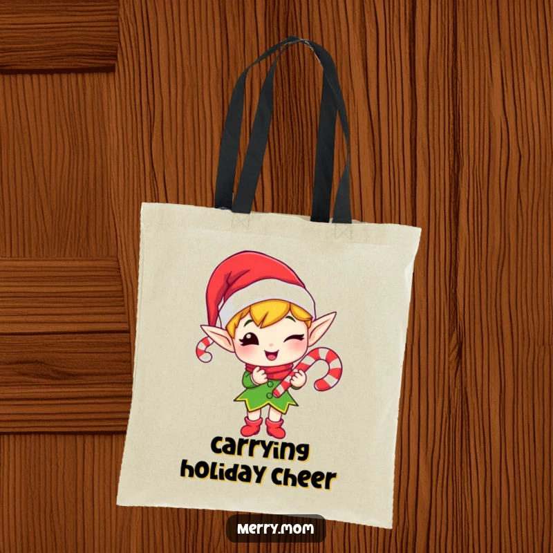 Funny tote bag showcasing a merry elf offering a candy cane with a charming wink.