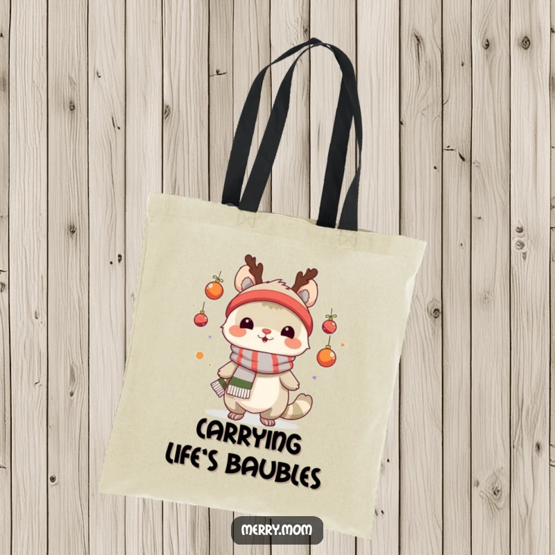 Funny tote bag showcasing a creature in a scarf juggling ornaments, a unique and festive holiday accessory.