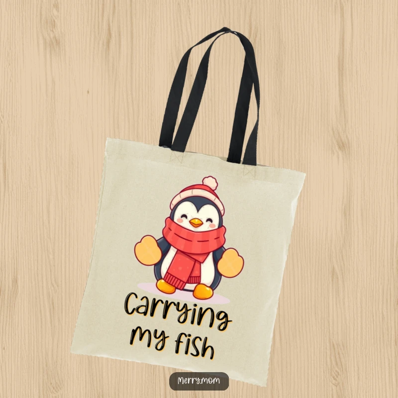 Funny Penguin Tote Bag showcasing a cartoon penguin with a festive scarf and mittens, perfect for carrying winter essentials.