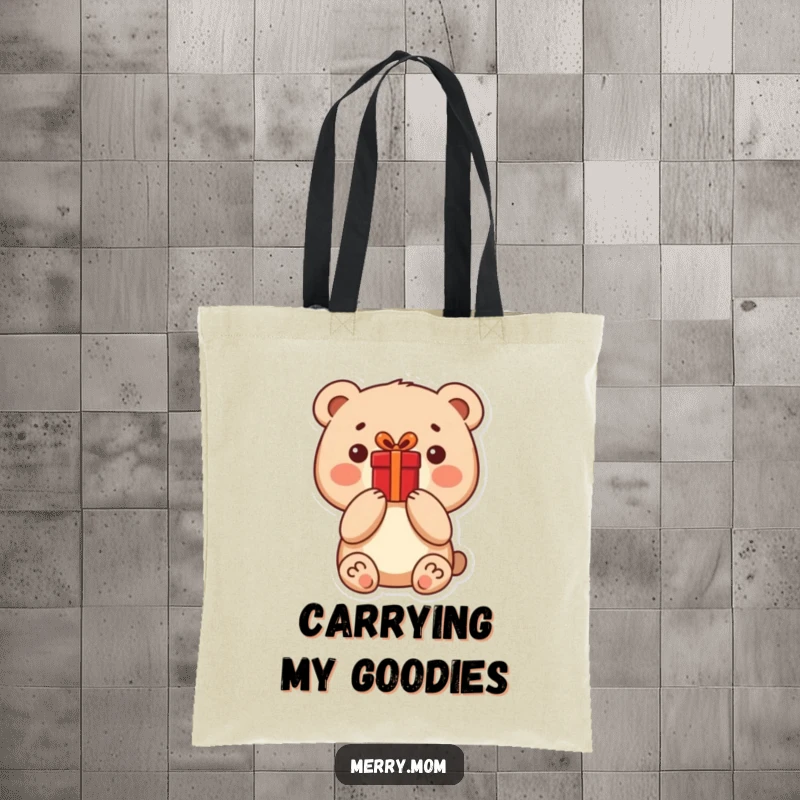 Funny little bear holding a bright red present, printed on a reusable tote bag for shopping and errands.