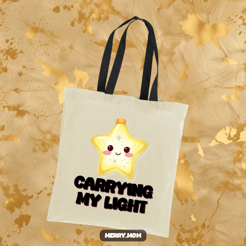 Funny tote bag featuring a glowing Christmas star character shining brightly, perfect for carrying essentials with celestial flair.