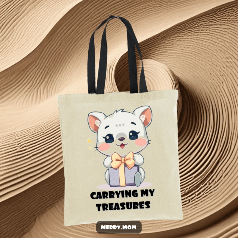 Funny tote bag with an animal showing sparkling eyes while excitedly unwrapping a gift, perfect for festive errands.
