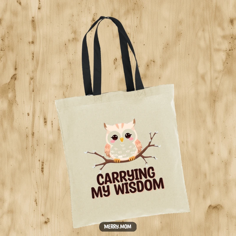 Funny Snowy Owl tote bag with a happy owl peeking from a snowy branch, perfect for carrying winter treasures.