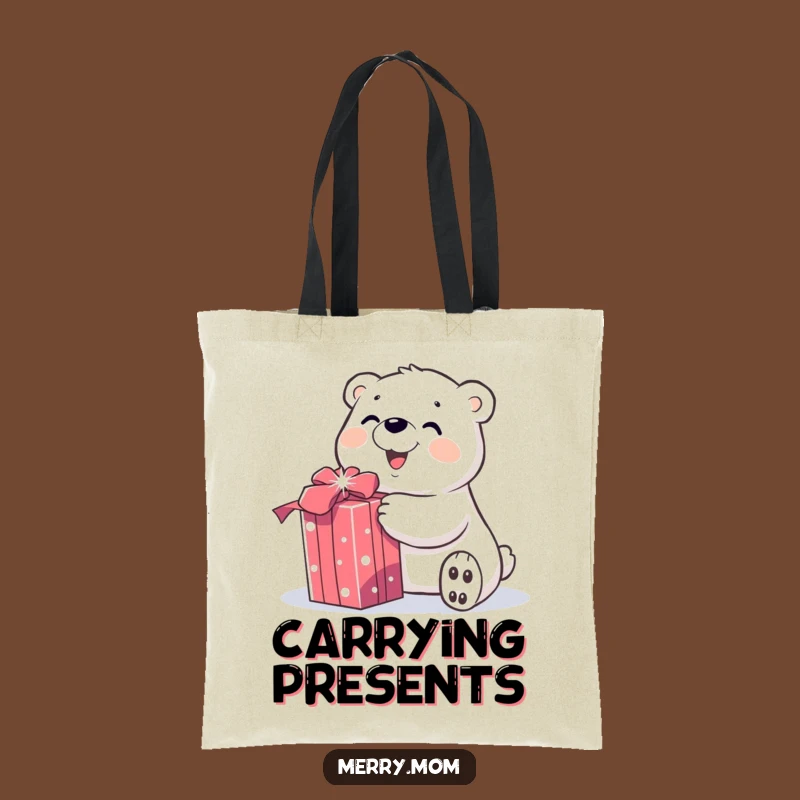 Tote Bag: Funny Polar Bear Unwrapping Gift - Carry Your Holiday Excitement!