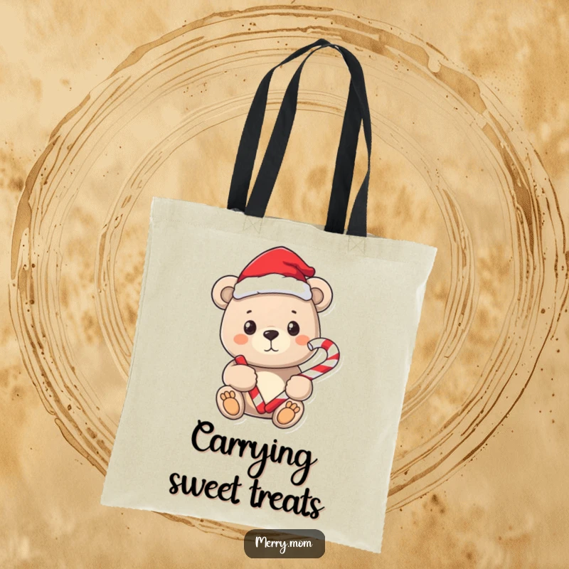 Funny tote bag with a sweet bear wearing a Santa hat, holding a candy cane.