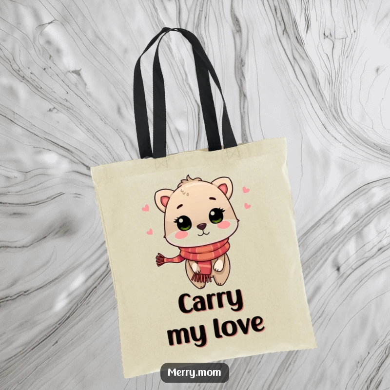 Festive Animal Kiss Tote Bag, showing a cute animal in a scarf blowing a kiss, perfect for holiday shopping.