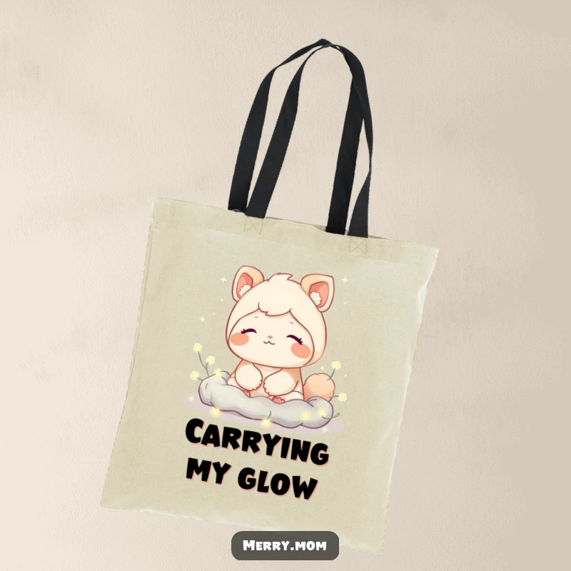 Funny tote bag with a cute creature expressing a contented sigh, nestled amongst twinkling fairy lights, perfect for carrying daily items.