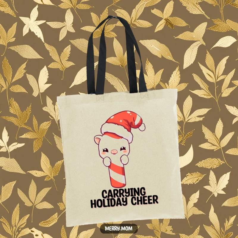 Funny tote bag showcasing a cute creature with a Santa hat peeking from behind a giant candy cane, ideal for holiday shopping.