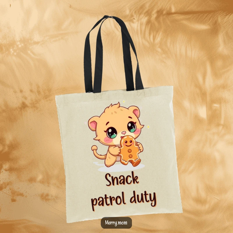 Funny tote bag with a cute creature displaying sparkling eyes, chasing a mischievous gingerbread cookie, perfect for everyday adventures.