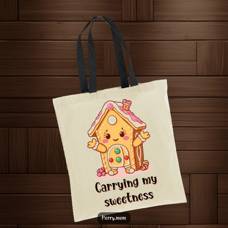Funny tote bag featuring a dancing gingerbread house character, perfect for carrying groceries or holiday shopping with style.