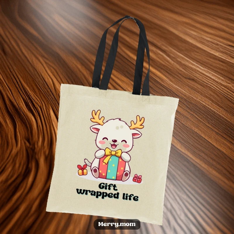 Funny tote bag with a cute creature sporting festive antlers, joyfully tearing into a brightly colored present, perfect for holiday shopping.