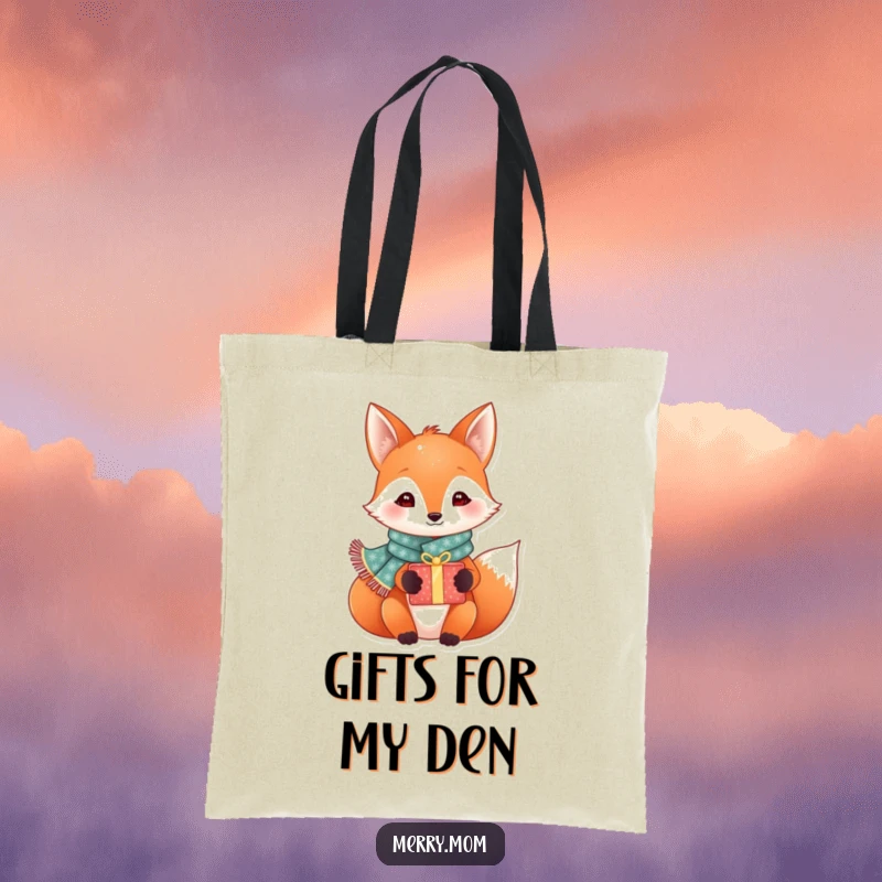 Funny festive fox with a sparkly scarf holding a gift box, stylish tote bag for shopping, perfect holiday accessory.