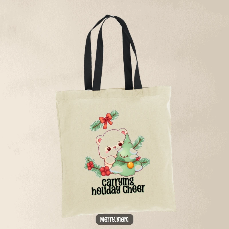 Funny tote bag, fluffy creature peeking from behind a decorated pine tree, humorous holiday accessory.