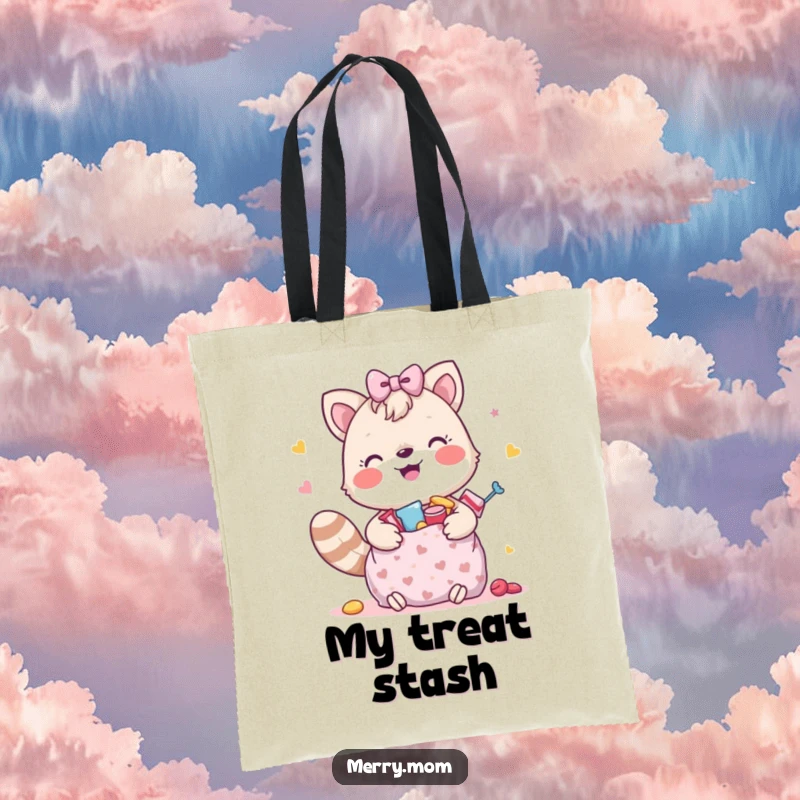 Funny tote bag showing a joyful animal with a large gift bag brimming with delicious treats, great for shoppers.