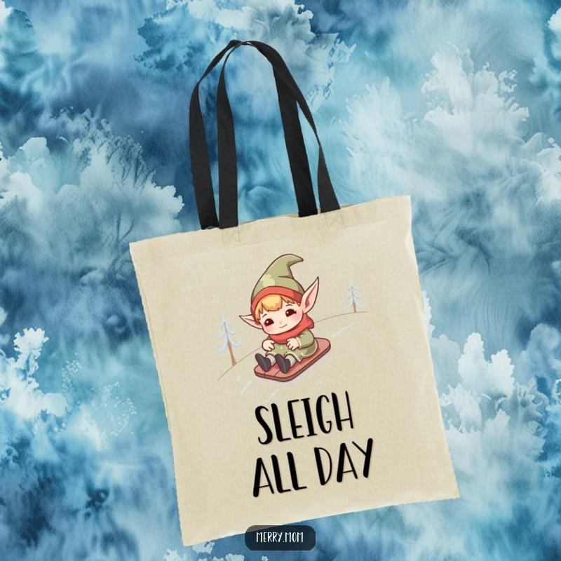 Funny kawaii elf with pointed ears, mid-slide down a snowy hill, featured on a durable and humorous tote bag.