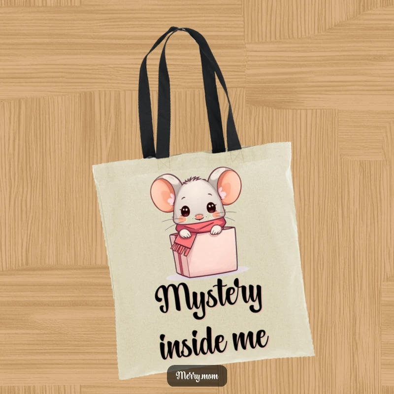 Funny kawaii mouse peeking from a gift box on a reusable tote bag, a cute and functional accessory with humor.