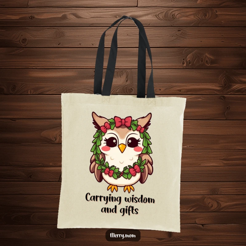 Funny Kawaii Owl Tote Bag adorned with a festive wreath, perfect for carrying holiday goodies with charm.