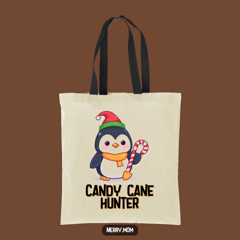 Funny Kawaii Penguin Tote Bag: Elf Hat Candy Cane Style, Cute Shopping Bag