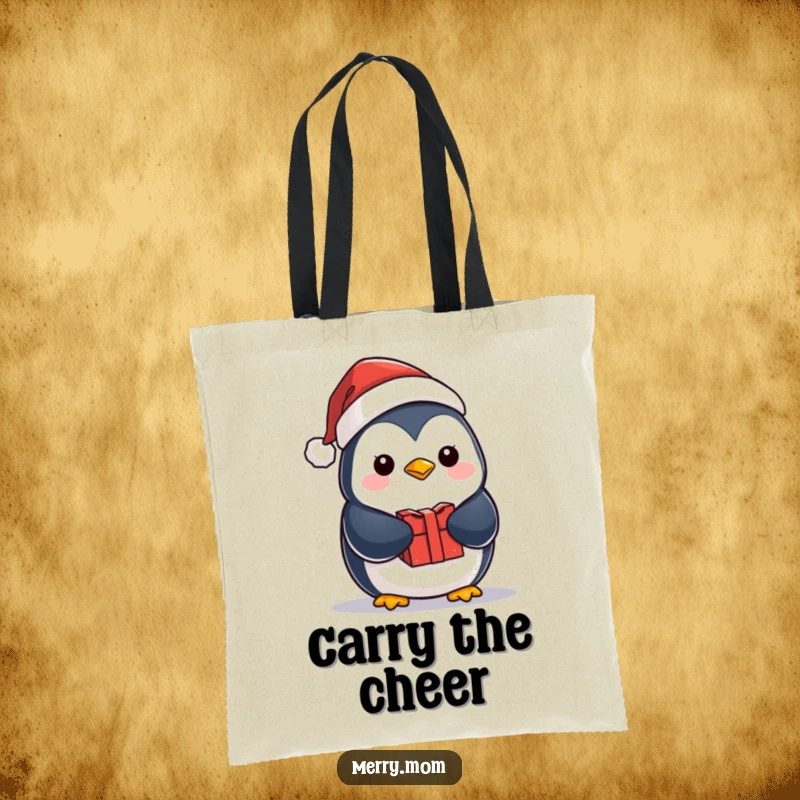 Funny kawaii penguin wearing a Santa hat and holding a gift, ready for holiday adventures on a practical tote bag.