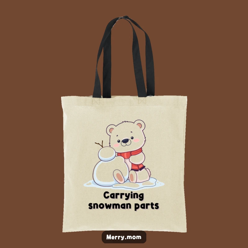 Funny Kawaii Polar Bear Cub Tote Bag: Snowman Building Style, Cute Winter Bag