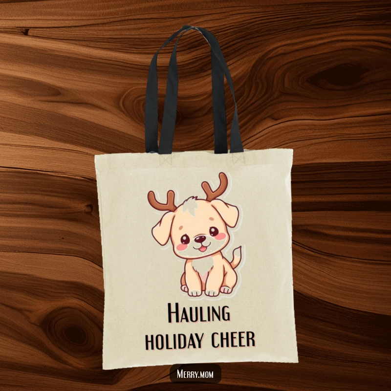 Funny kawaii puppy wearing antlers, wagging its tail enthusiastically, showcased on a stylish tote bag.