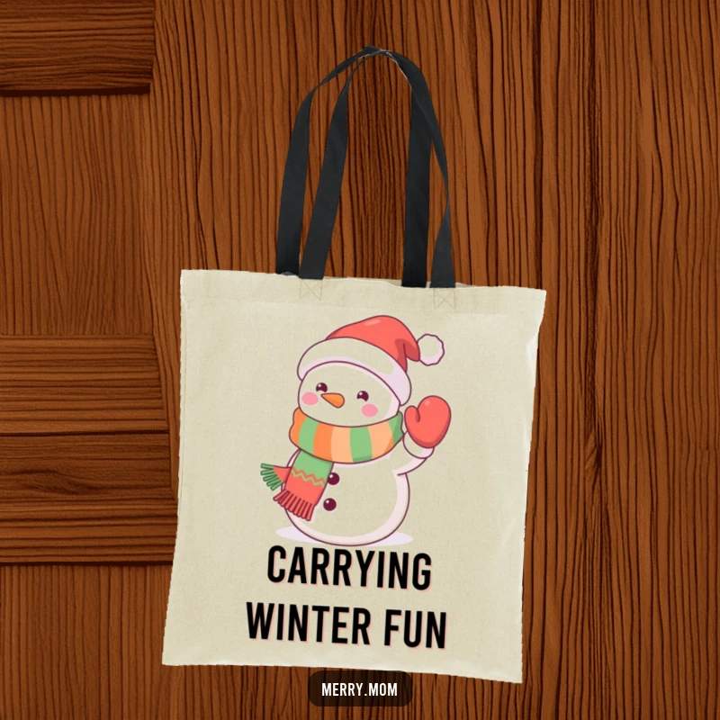Funny kawaii snowman tote bag with a cute snowman in a festive scarf waving a mitten, perfect for charming winter carrying.