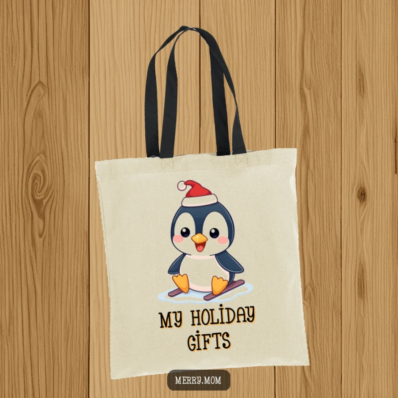 Funny tote bag showing a happy penguin in a Santa hat sliding on ice, perfect for carrying holiday essentials.