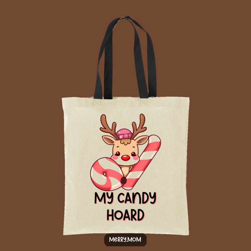 Funny Reindeer Candy Cane Tote Bag: Cute Christmas Character, Gift
